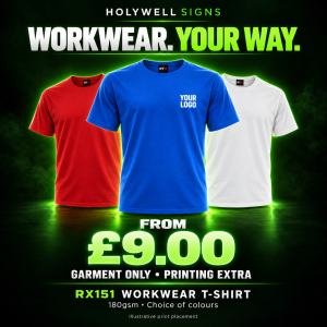 RX151 workwear T-shirts in royal blue, red and white – from £9.00, garment only; printing extra