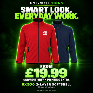RX500 two-layer softshell jackets in red and navy – from £19.99, garment only; printing extra