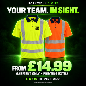 RX710 hi-vis polos in yellow and orange with navy collars – from £14.99, garment only; printing extra
