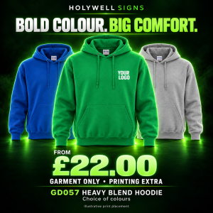 GD057 Heavy Blend hoodies in Irish green, royal blue and sport grey – from £22.00, garment only; printing extra