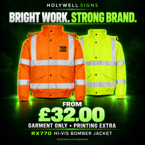 RX770 high-visibility bomber jackets in orange and yellow – from £32.00, garment only; printing extra